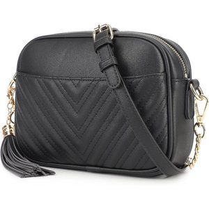 Women Black Leather Quilted Crossbody Trendy Design Purse